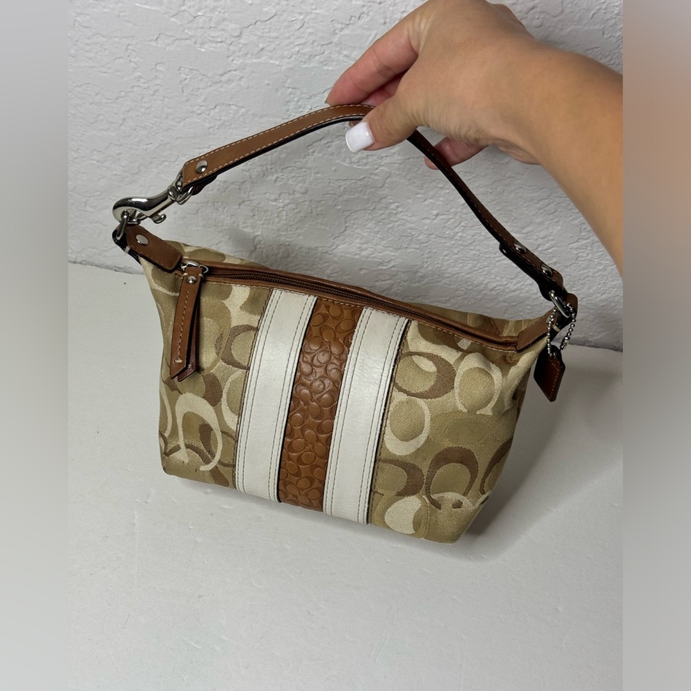 Vintage Y2K COACH Signature C Brown Mini Bag Striped & Zip Closure Baguette - Picture 1 of 11